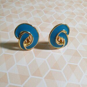 Vintage Gold Tone Blue Enamel Abstract Clip Earrings Retro Fashion Granny Core
